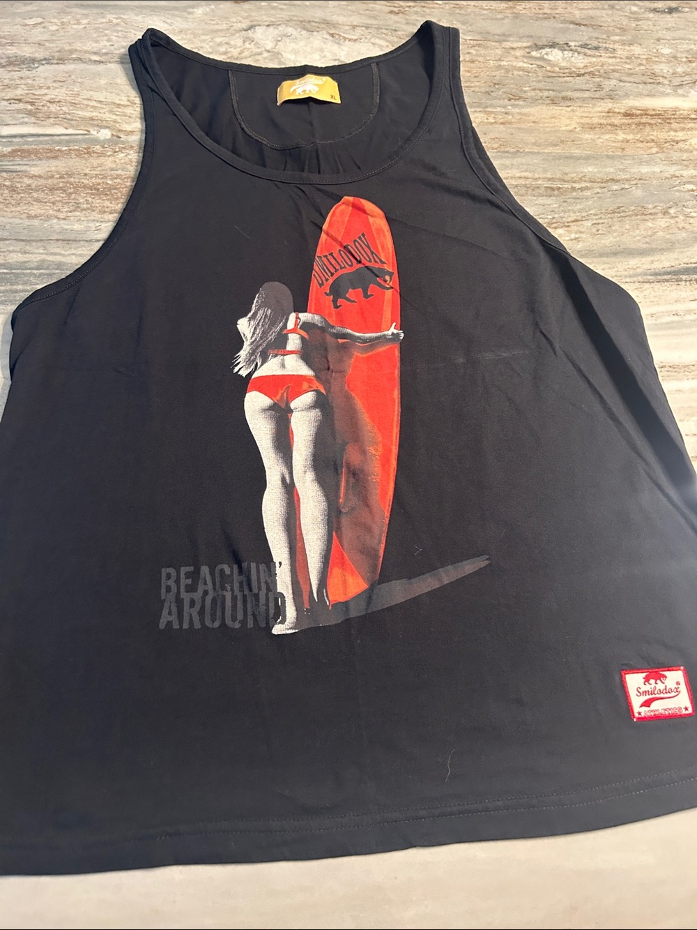 Smilodox black Graphic Surf Tank with Red Surfboard Print sexy woman NWOT sz XL